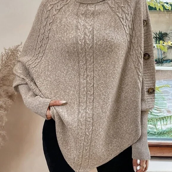 Khaki Casual Women's Turtleneck Batwing Sleeve Button Detail Poncho Sweater top